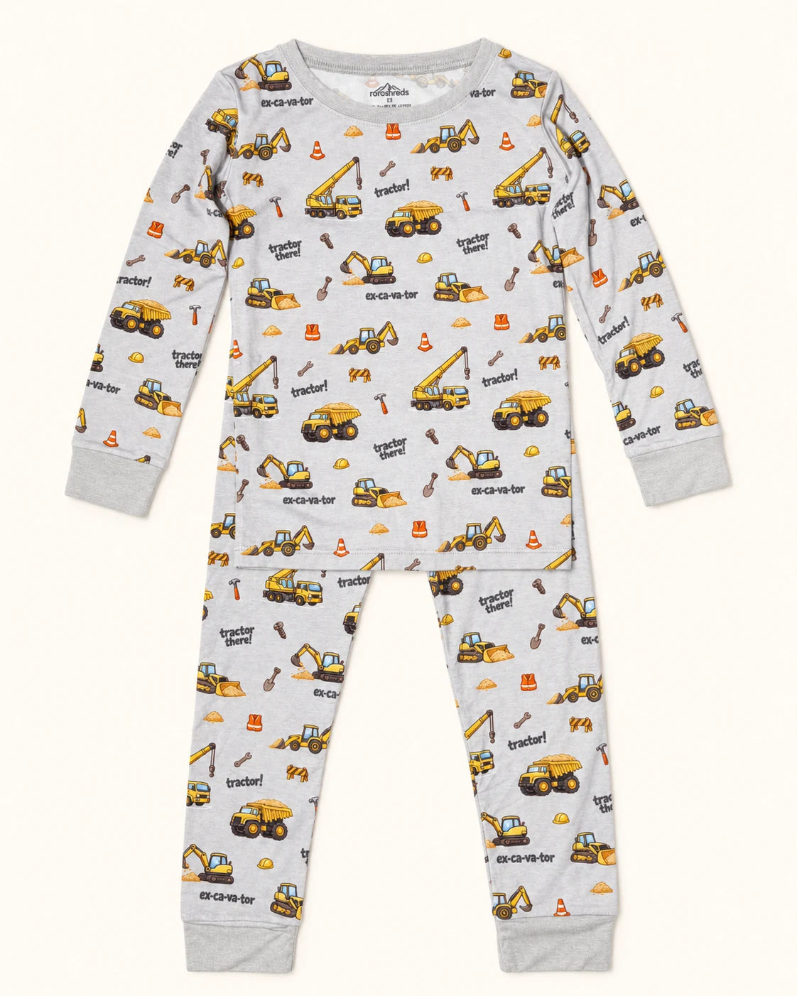 Tractor two-piece pajamas in light gray with yellow tractors, excavators, a long-sleeve top, and matching pants.